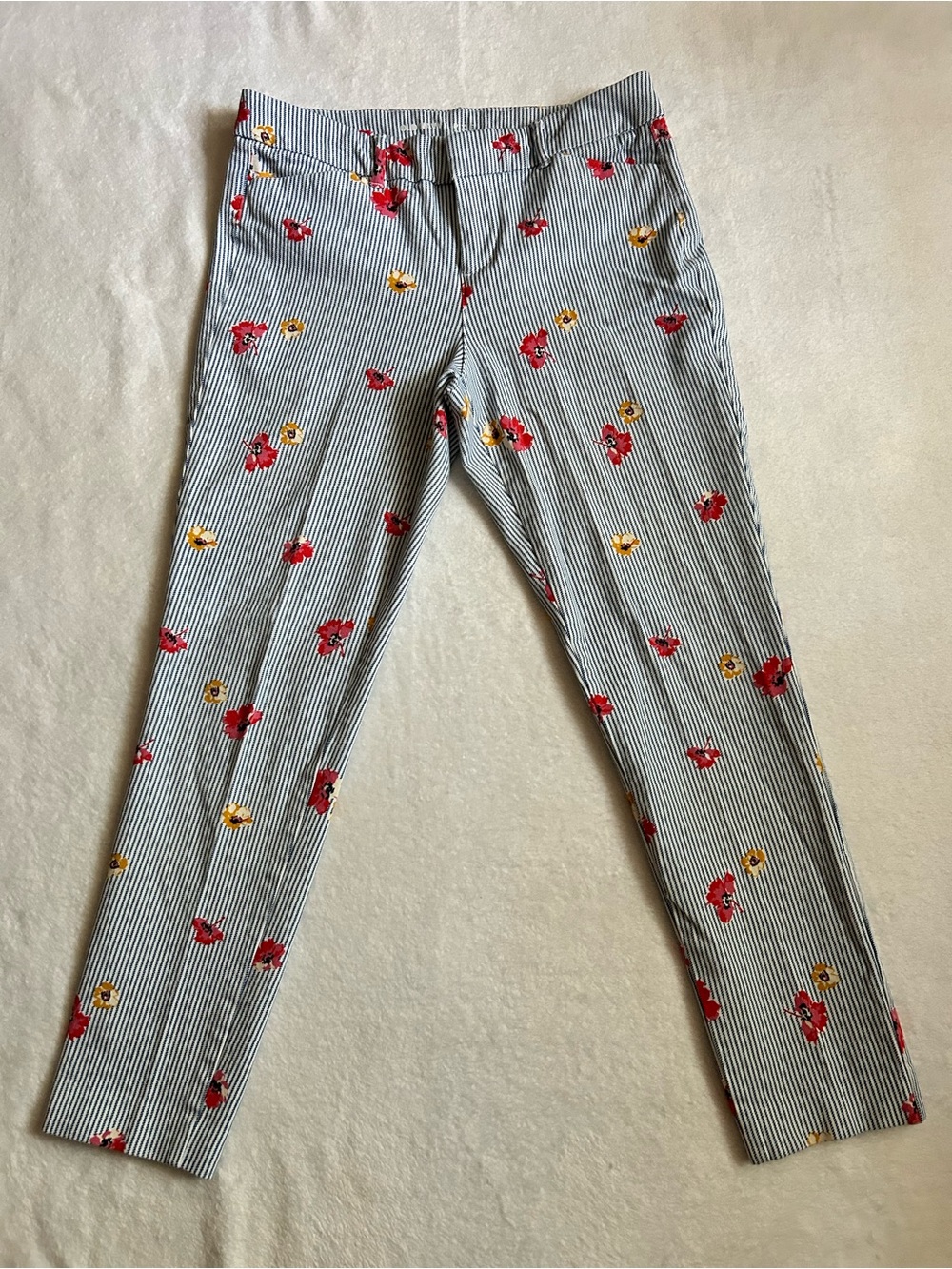 Old Navy Pixie Mid Rise Ankle Pants in a Blue Striped Floral Print. Size 6